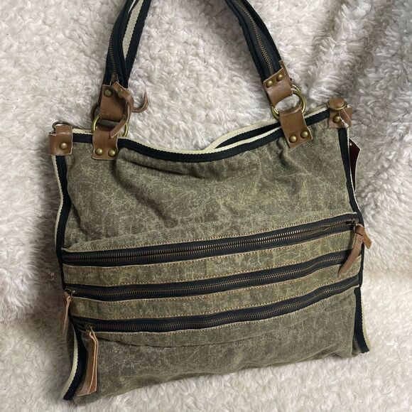 Uddini  grey distressed canvas large tote with brown faux leather trims - Picture 5 of 14